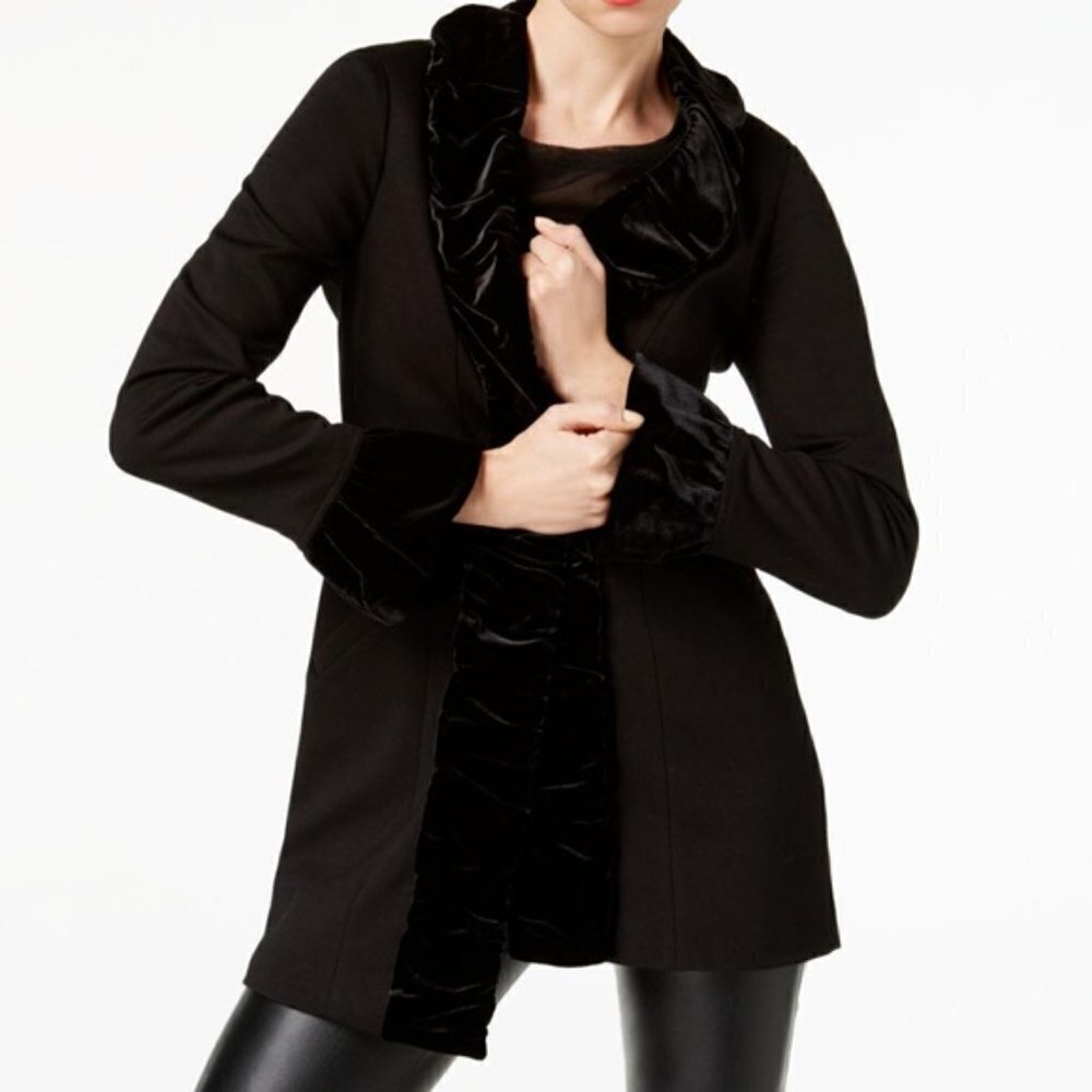 INC Long Black Velvet Ruffle Trimmed Jacket Size XS